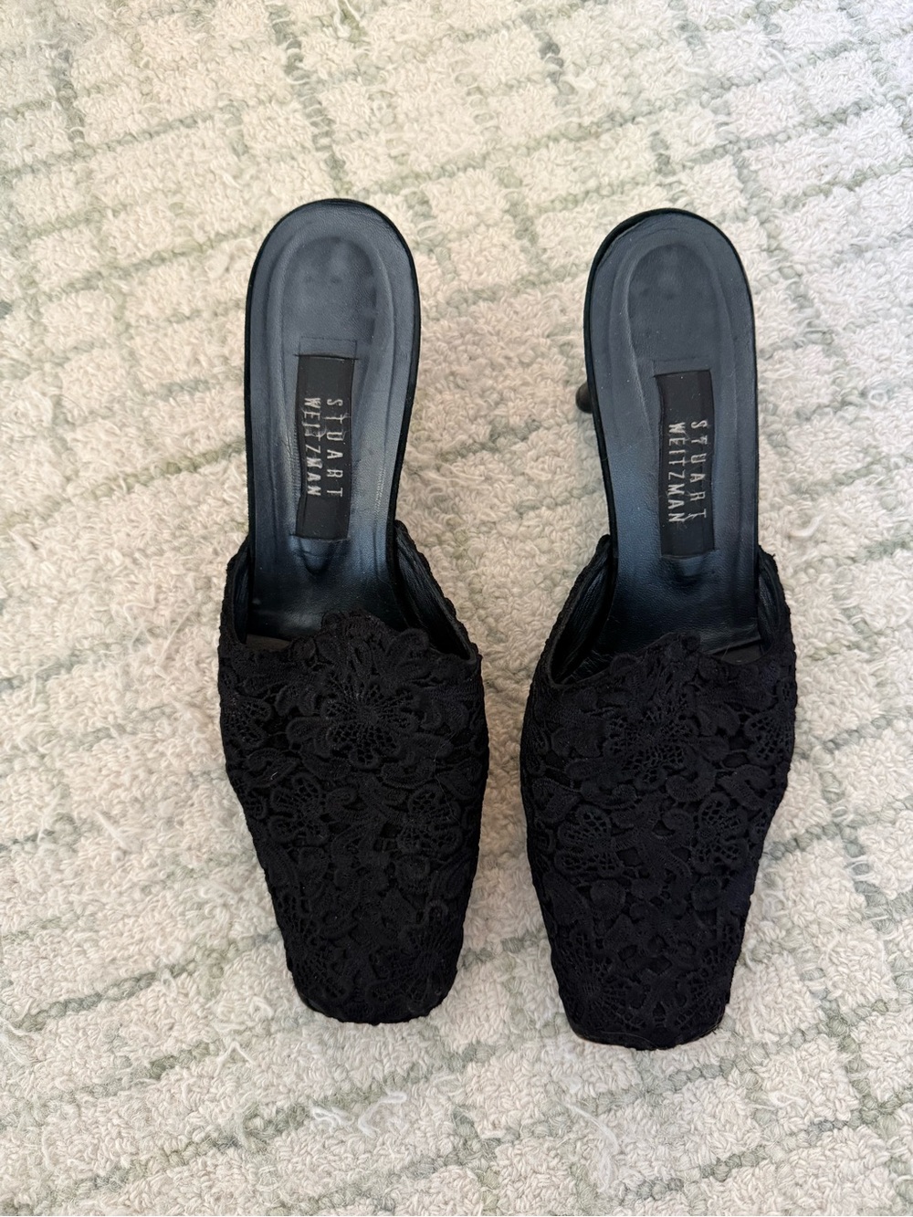 Stuart Weitzman Black Floral Lace Square Toe Mules Size 10